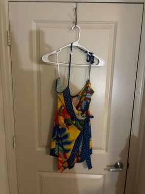 Vibrant Tropical Print Wrap Dress - Yellow & Blue